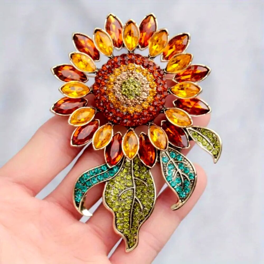 Exquisite Large Vintage Style Rhinestone • Sunflower Brooch